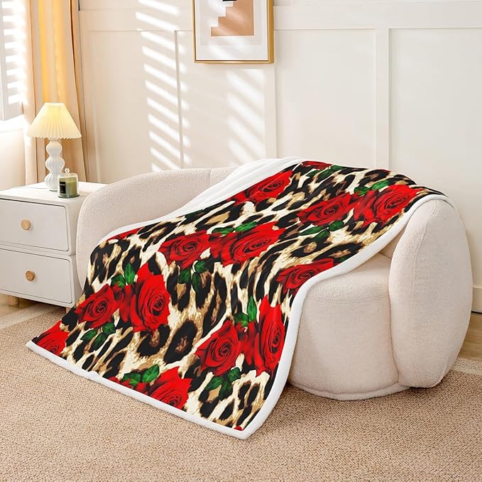Leopard Print Fleece Throw Blanket Rose Flower Plush Blanket for Couch Bed Sofa Room Decor Red Floral Petal Pattern Sherpa Blanket Branches Green Leaf Cheetah Print Flannel Blanket 40x50 Inch