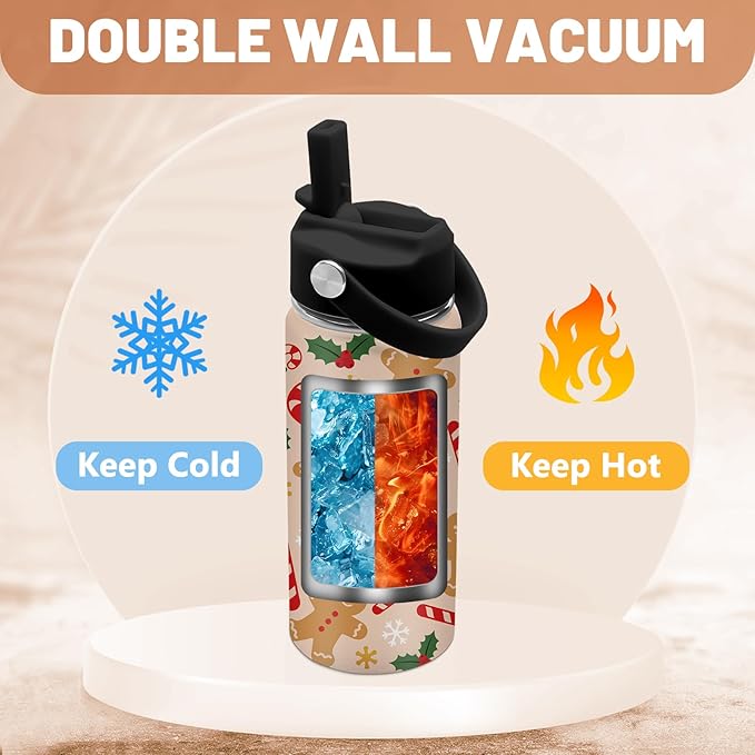 Christmas 16 oz Water Bottle with Straw Lid, Stainless Steel Insulated Tumbler, Gingerbread Water Bottles, Gingerbread Cup Gifts for Christmas Birthday (1pcs)