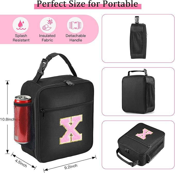 Initial Insulated Lunch Bag, Lunch Box with Initial Letter Patch for Teen Adult, Reusable Lunch Bag for Men Women, Ideal Back to School Gift Birthday Gift, Pink X