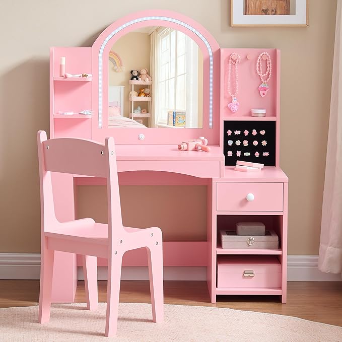 Kids Vanity Set with Lights, 2 in 1 Princess Makeup Vanity Desk with Jewelry Storage, Open Bookshelf, Storage Cabinet & Shelves for Little Girls (Pink)