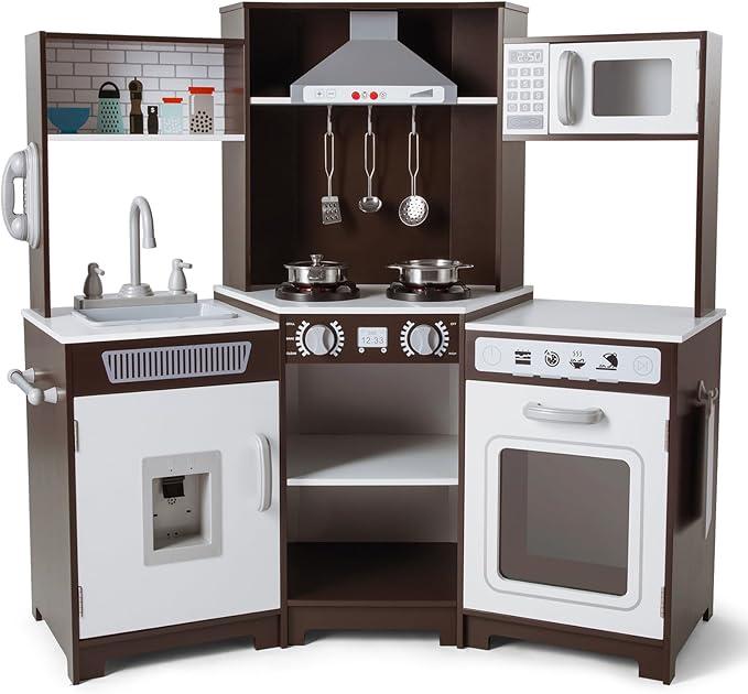 JOYLDIAS Kids Play Kitchen,Corner Wooden Pretend Toddler Kitchen Toys Playset with Realistic Lights & Sounds,Microwave Oven,Water Dispenser, Phone, Sink,Cooking Accessories, for Ages 3+, Brown