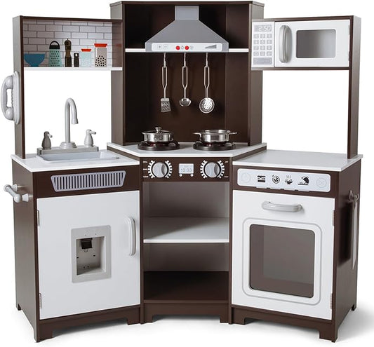 JOYLDIAS Kids Play Kitchen,Corner Wooden Pretend Toddler Kitchen Toys Playset with Realistic Lights & Sounds,Microwave Oven,Water Dispenser, Phone, Sink,Cooking Accessories, for Ages 3+, Brown