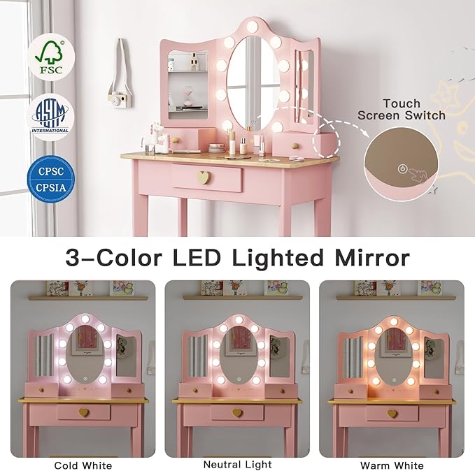 labebe Kids Vanity, Girls Vanity Desk with LED Changing Lights, Pretend Play Princess Vanity Set, Wooden Toddler Makeup Desk Dressing Table with Drawer and Chair (Pink)