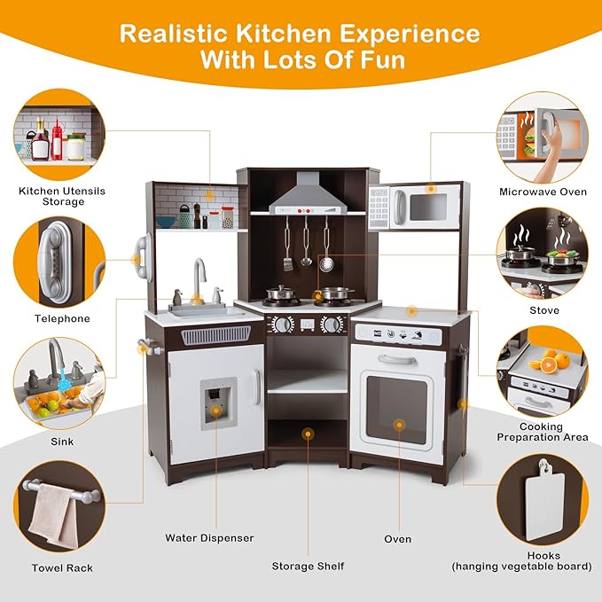 JOYLDIAS Kids Play Kitchen,Corner Wooden Pretend Toddler Kitchen Toys Playset with Realistic Lights & Sounds,Microwave Oven,Water Dispenser, Phone, Sink,Cooking Accessories, for Ages 3+, Brown