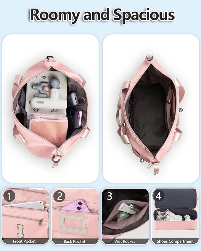 Personalized Gifts for Women Girls, Cute GYM Gymnastics Sports Workout Dance Bag with Shoe Compartment, Initial Large Duffle Carryon Bag for Traveling Essentials for Teen Tween Kids-Pink K