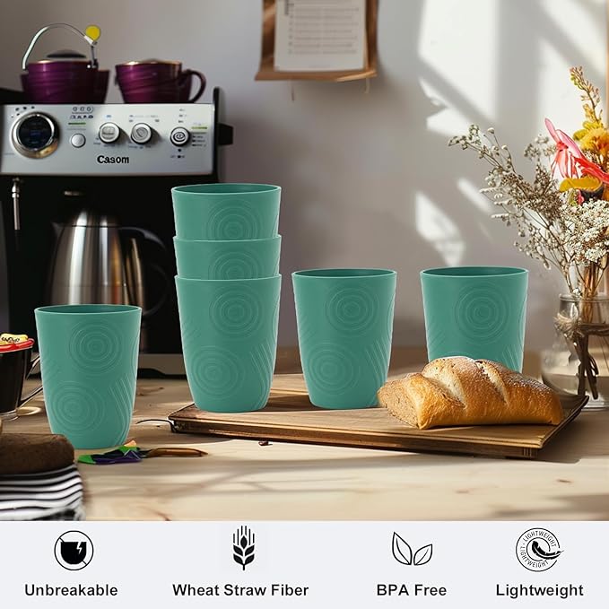Glasses Drinking Set 6 PCS - Wheat Straw Cups Lightweight Plastic Cup Set 12 OZ Unbreakable Cups Microwave and Dishwasher Safe Water Tumbler, Kitchen Cup for Picnics, Camping, RV - Green