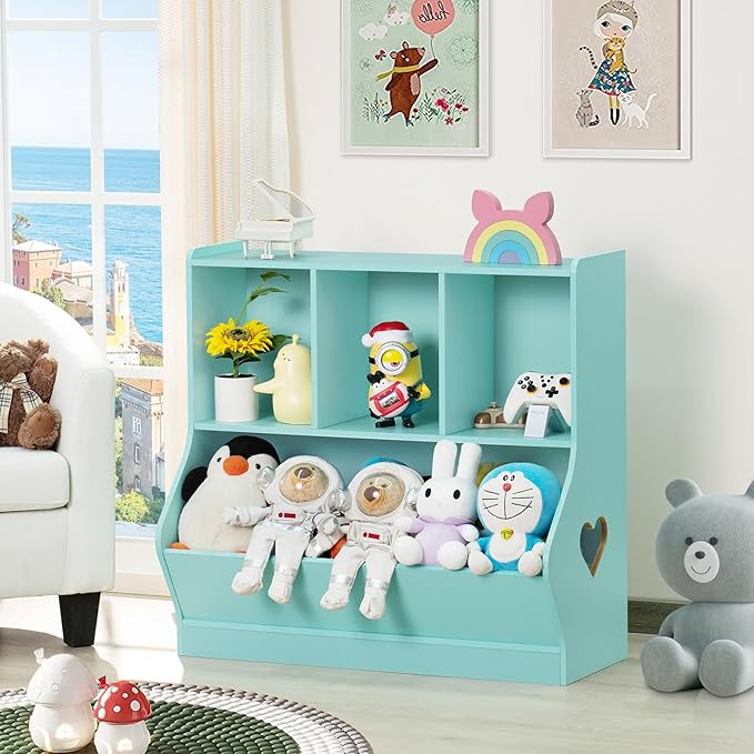 Lerliuo Kids Storage Organizer, Children Small Bookcase and Bookshelf, Toddler 4 Cubby Cabinet, Wood Book Shelf for Playroom, Bedroom, Living Room, Nursery, School 30.51'' H (Green)