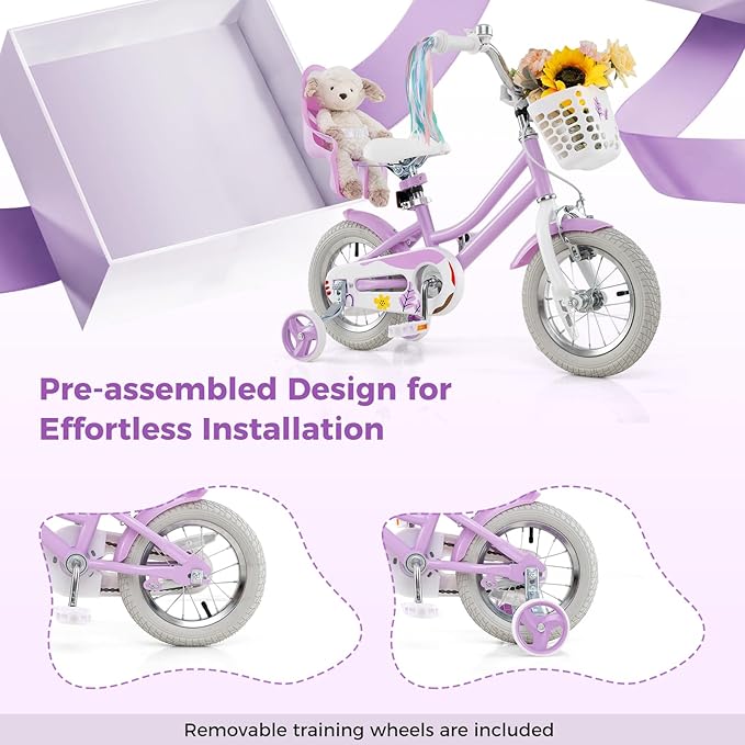 BABY JOY Kids Bike, 12 14 16 18 Inch Children Bicycle w/Detachable Training Wheels, Storage Basket, Adjustable Seat & Handlebar, Bow or Streamer, Girls Bike for 3-8 Years Old