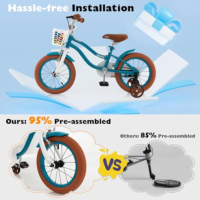 BABY JOY Kids Bike, 12 14 16 18 20 Inch Boys Girls Bike w/Adjustable Seat, Removable Basket, Handbrake & Coaster Brake, Training Wheels or Kickstand, Kids Bicycle with Multi-Color