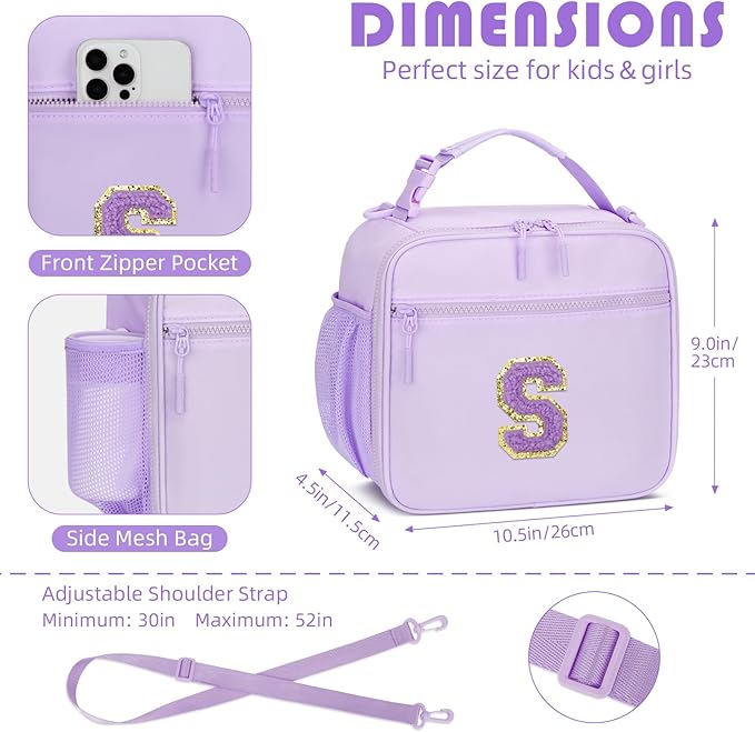 Kids Initial Lunch Bag, Reusable Insulated Lunch Box for Girls Toddlers, Back to School Gift, Leak-proof Cooler Bag for School Daycare Travel Picnic, Purple-S