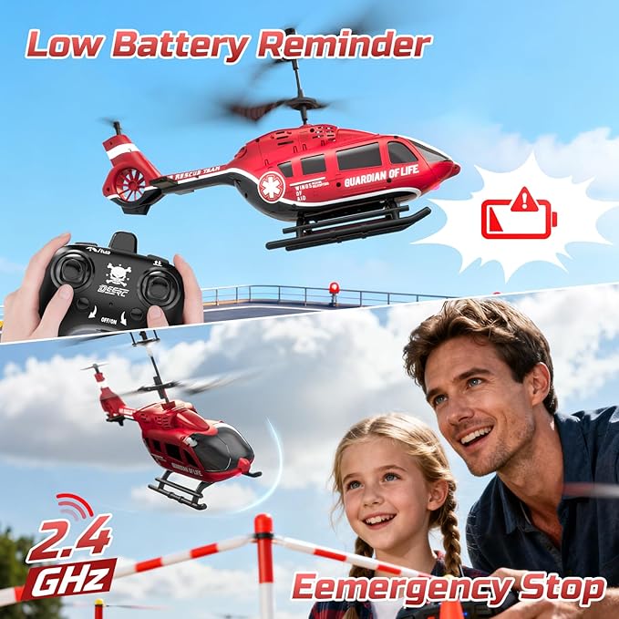DEERC Remote Control Helicopter, Rescue RC Helicopter Toy with LED Lights, 2 Batteries, Altitude Hold & 2.4GHz Stable Control, Realistic Rescue Design, Ideal Gift for Kids and Adults