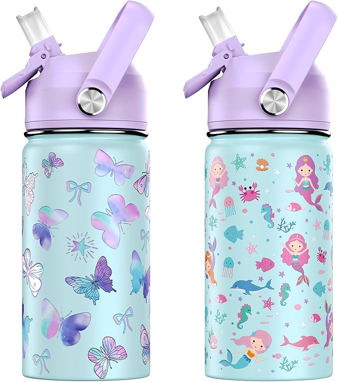 14oz Kids Insulated Water Bottle with Straw Lid - 18/8 Stainless Steel Kid Cup Travel Tumbler Double Wall Vacuum Leak Proof Portable Toddler Water Bottle (Butterfly+Mermaid）