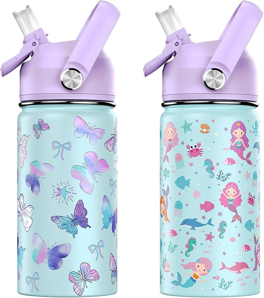 14oz Kids Insulated Water Bottle with Straw Lid - 18/8 Stainless Steel Kid Cup Travel Tumbler Double Wall Vacuum Leak Proof Portable Toddler Water Bottle (Butterfly+Mermaid）