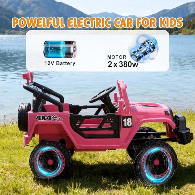 12V Kids Car, 4x4 Electric Car for Kids with Remote Control, LED Headlights & Music, Ride-On Truck Toy Gift for Boys Girls 3-8 Years (Pink)