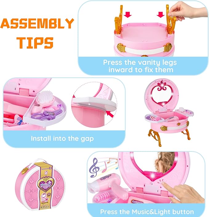 Portable Princess Vanity with Real Mirror, Toddler Makeup Vanity & Styling Tools, Lights and Sounds, Girls Toys Gifts for 3-12 Year Old Kids Birthday Gift