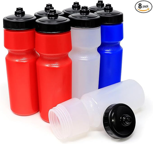 Rolling Sands USA Made 24 oz Sports Squeeze Water Bottles, 8 Pack, BPA-Free, Easy Drink One Way Flow Valve, Fits Most Bike Cages, Dishwasher Safe, Durable, Reusable and Lightweight, Variety