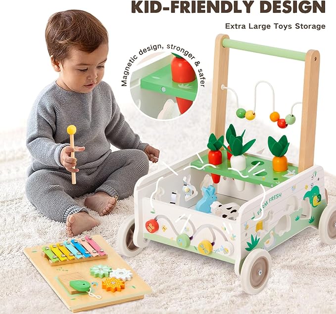 Wooden Baby Walker, Baby Push Walker, Adjustable Speed Baby Walker with Wheel, Toddler Activity Center Toys, Montessori Farm Walker Toy with Shape Sorter, Carrot Harvest for Boys and Girls