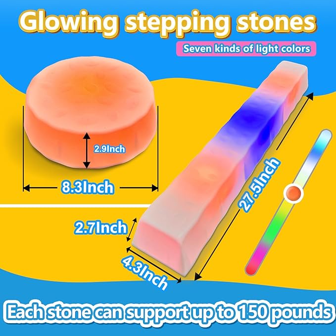 Kids Light Up Balance Beam - 3 Stepping Stones and 2 Balance Beams with 7 LED Light Colors for Active Play for Toddlers Ages 3+, Gymnastics Toy Set for Home/Playground/Party.