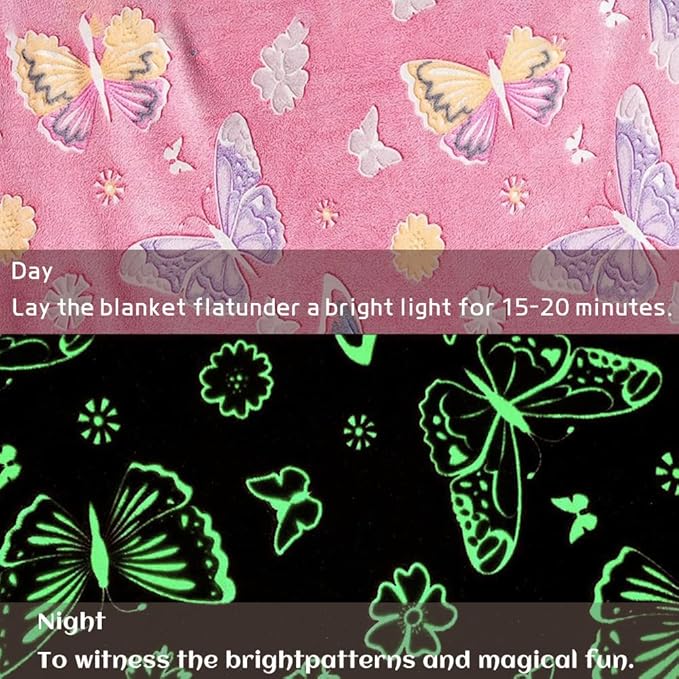 Wajade Glow in The Dark Butterfly Blanket for Girls, Soft Cozy Flannel Kids Throw Blanket for Boys and Girls, Cute Kids Blanket for Sofa Couch Bed, Christmas Birthday Gift 60"x80"