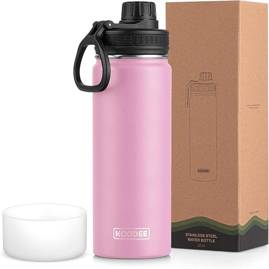 koodee Insulated Water Bottle, 22 oz Stainless Steel Double Wall Vacuum Wide Mouth Sport Bottle with Leakproof Spout Lid (Pink)