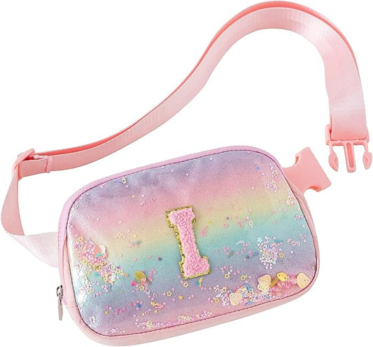Fanny Pack for Girls,Birthday Easter Gifts,Chenille Initial Letter Girls Crossbody Bag,Preppy Teen Belt Bag for Graduation Travel Gifts,Cute Sequin Trendy Stuff.Pink-I