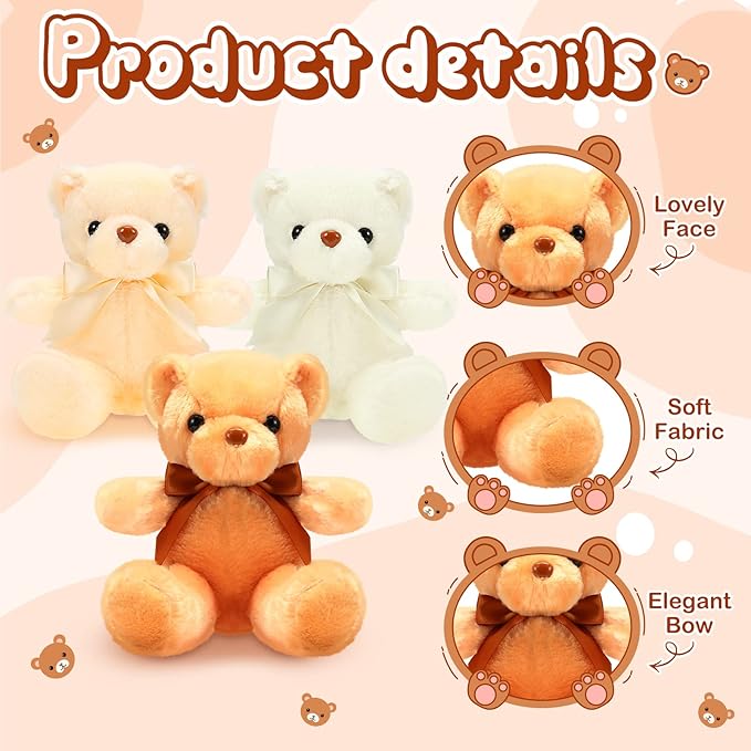 HyDren 6 Pcs Bear Stuffed Animal Plush Toys Soft Plush Dolls Bear Sleeping and Playing Toys for Baby Shower Decoration Boy(Short Plush,Dark Brown, Brown, Beige)