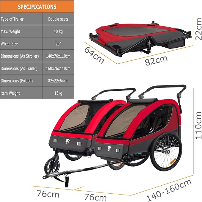 TIGGO VS Suspension Bike Trailer & Stroller 2 in 1 Double Seat for Toddlers, Kids, Child Bicycle Carrier Jogger