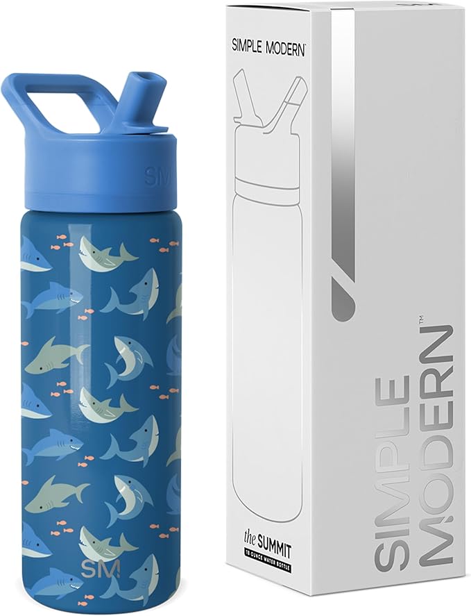 Simple Modern Kids Summit Water Bottle with Straw Lid | 18oz Stainless Steel Cup Insulated Tumbler for Toddlers, School | Shark Shiver