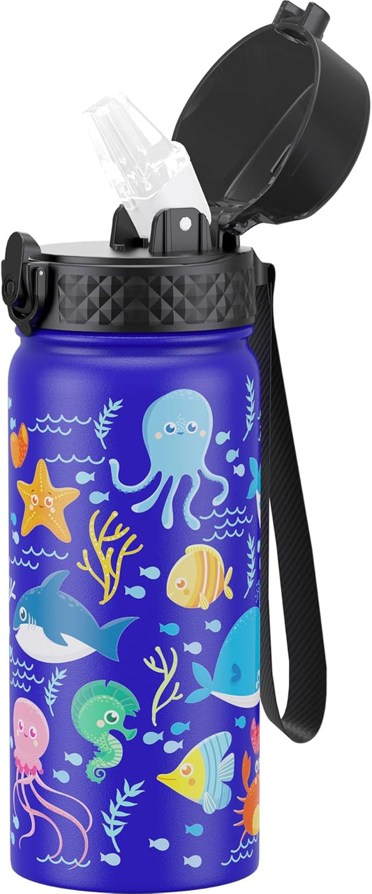 GOPPUS Kids Water Bottle (Straw Lid) - 18 Oz Stainless Steel Travel Bottle, Double Wall Vacuum Leak Proof Kids Cup for School Boys Girls,Under the Sea