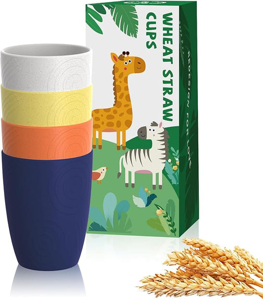 Homienly Wheat Straw Drinking Set of 4, Alternatives to Plastic, Reusable for Kitchen, Kids, Unbreakable Glasses 12 OZ, Dishwasher and Microwave Safe - Mondrian Colors