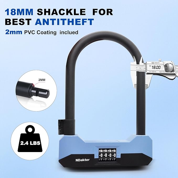 NDakter Bike Locks Heavy Duty Anti Theft，18mm Bicycle Combo U Lock with 5FT Cable, 4-Digit Resettable Combination Electric Scooter Lock with 2Keys and Bracket for Tricycle, Moped, Motorcycle (Blue)