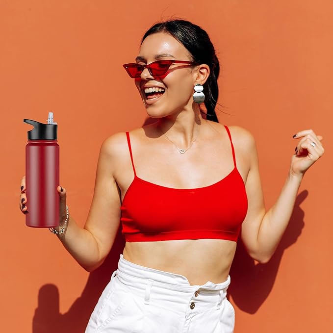 24 oz Insulated Water Bottle with Straw Lid & Wide Mouth Lids, Stainless Steel Sports Water Bottles, Double Walled Vacuum, Leak Proof, Red