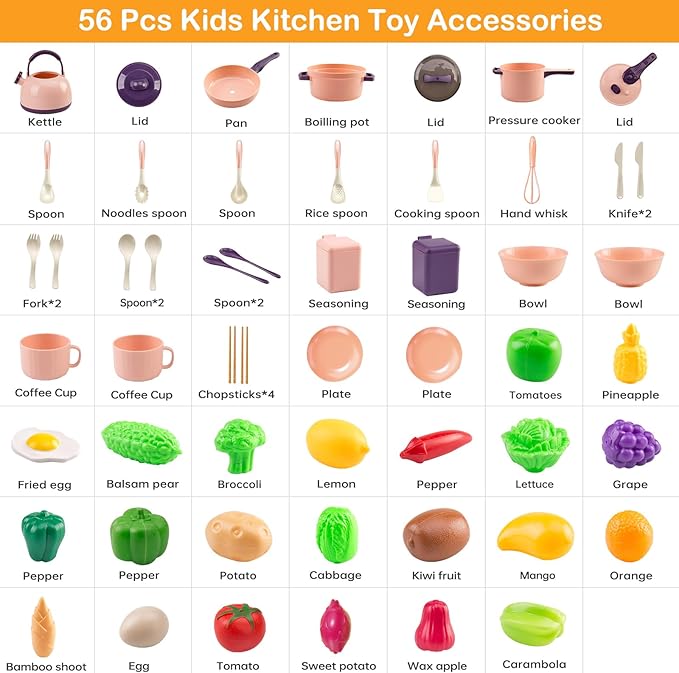 56Pcs Mini Play Kitchen Accessories for Kids, Pretend Cooking Playset with Cookware, Tableware & 2 Fruit Sets, Learning Gift for Girls, Boys, Toddlers, Pink