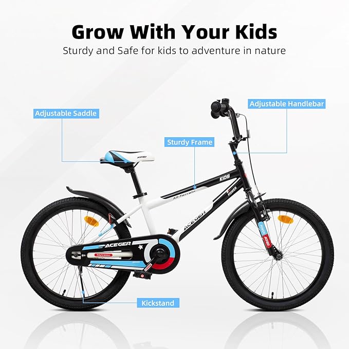ACEGER Simon Kids Bike for Boys Girls Toddlers, Unisex for Aged 3-13 Years, 12 14 16 18 Inch Children Bicycle with Training Wheels, 20 Inch Bike with Kickstand