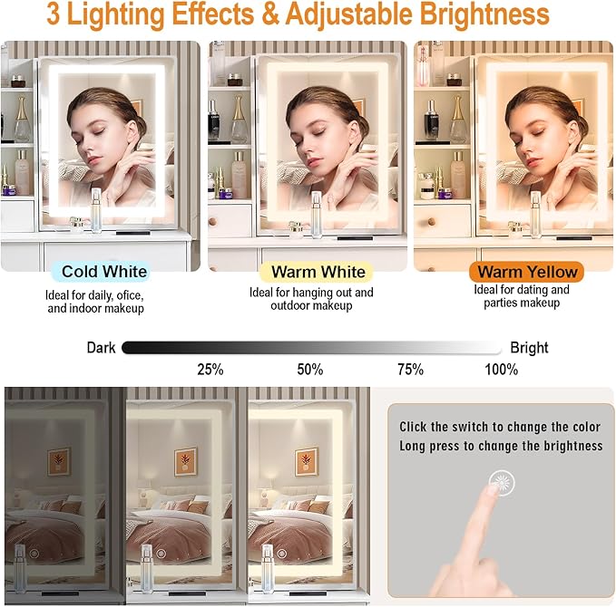 Vanity Desk with Sliding LED Mirror and Lights, Makeup Vanity Desk with Lighted Mirror, 3-Color Adjustable Brightness, USB Port, Drawers, Small White Vanity Set with Stool for Bedroom, Girls & Women