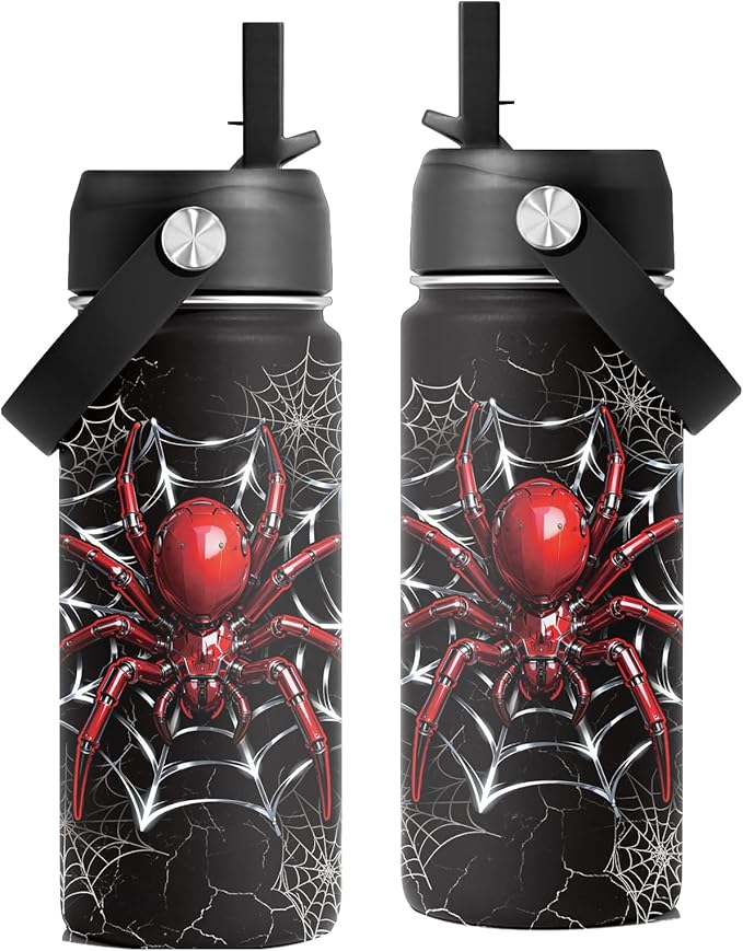 Spider Gifts for Boy, 16 oz Water Bottles with Straw Lid, Spiders Webs Stainless Steel Insulated Water Bottle, Spider Cup Gifts for Birthday Christmas