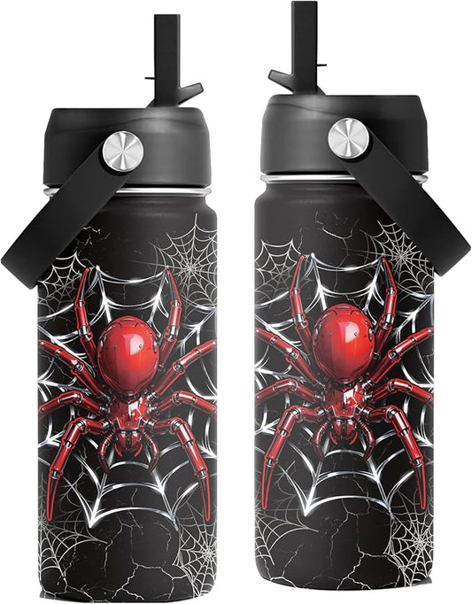 Spider Gifts for Boy, 16 oz Water Bottles with Straw Lid, Spiders Webs Stainless Steel Insulated Water Bottle, Spider Cup Gifts for Birthday Christmas