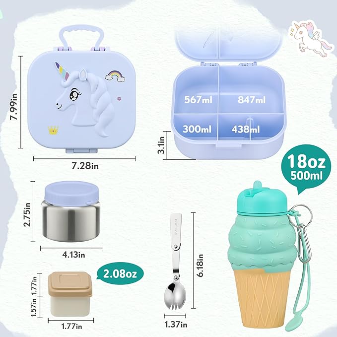 Kids Lunch Box Set -12oz Insulated Food Jar, Thermal Bag,Leakproof Lunch Food Containers Cutlery (BPA Free)-Gift for Girls/Boys Age 3-10(Blue)