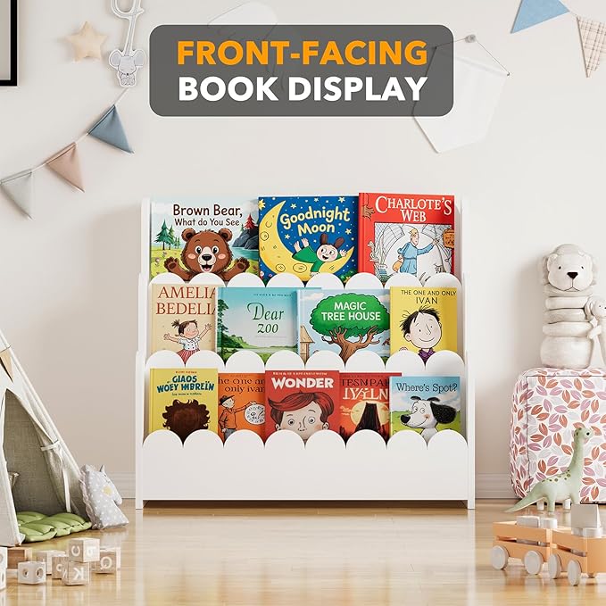 SpaceAid 3-Tier Scalloped Bookshelf, Montessori Bookcase for Toddlers, Wooden Book Shelf Organizer Display Furniture for Kids Rooms, Playroom, Nursery and Classroom, White