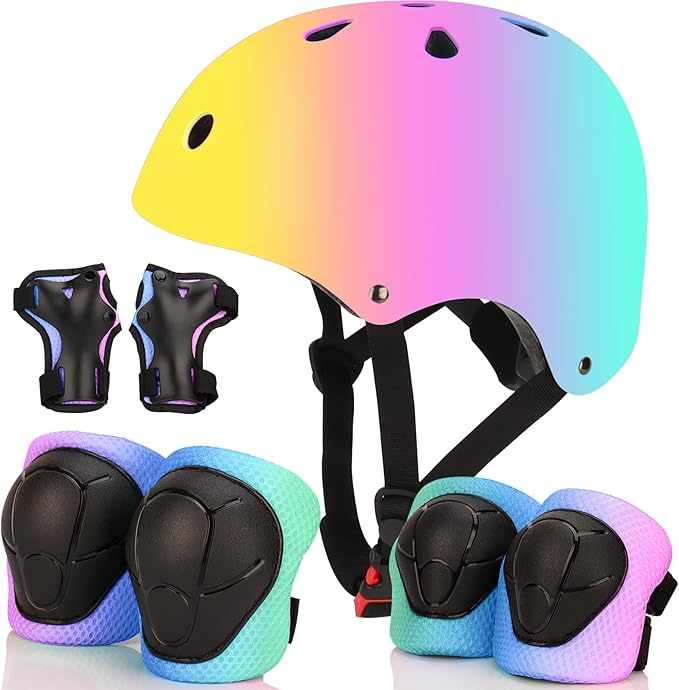 Color Gradient Adjustable Bike Helmet with Knee and Elbow Pads - Kids Toddler Boys and Girls Skateboard Helmet for Ages 3-14 | Ideal for Riding, Scooters, Inline Skating, Longboarding, Roller Skating