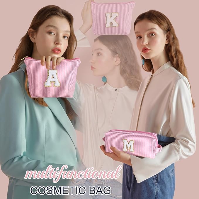 YOOLIFE Cute Pink Initial Make Up Bag Travelling, Personalized Makeup Bag with Zipper Cosmetic Makeup Pouch Travel Accessories Birthday Gift Friends Female Mom Teacher Sweet 16 Gifts Daughter Gifts W