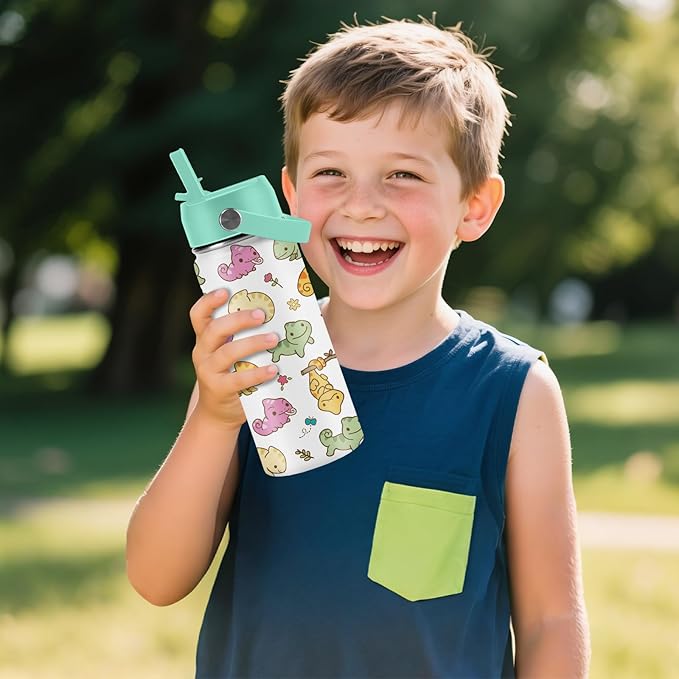 Axolotl Gifts for Girls - 16oz Green Axolotl Water Bottle with Straw Lid, Stainless Steel Insulated Tumbler, Leak Proof, for Boys, Sport, Travel, School - Animal Lovers Children Birthday Gift Cup(1pc)