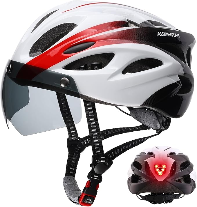 Adult Bike Helmet, Bicycle Helmet with Rear LED Light & Detachable Magnetic Goggles, CPSC/CE Certified Cycling Helmet Adjustable for Men Women Mountain & Road