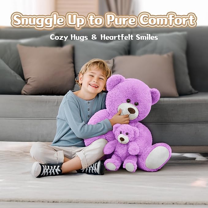 MorisMos Mom and Baby Giant Teddy Bear, 39inch Soft Big Teddy Bears Stuffed Animal Plush for Baby Shower, Purple