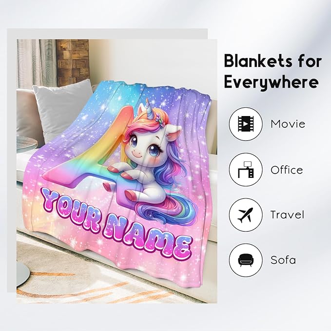 Unicorn Blanket - Personalized Girls Blanket with Name for Kids - Custom Monogram Gifts for Daughter - Plush Soft Fleece Throws - 4 Sizes for Toddler/Children/Teens/Adults