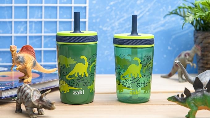 Zak Designs Dino Camo Kelso Tumbler 3pc Set, Leak-Proof Screw-On Lid with Straw, Bundle for Kids Includes Plastic and Stainless Steel Cups with Additional Sipper