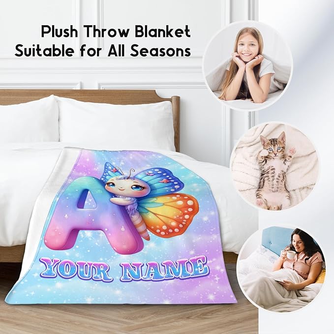 Butterfly Gifts - Personalized Girls Blanket with Name for Kids - Custom Monogram Throws for Daughter - Soft Flannel Throw Blankets - 4 Sizes for Toddler/Children/Teens/Adults