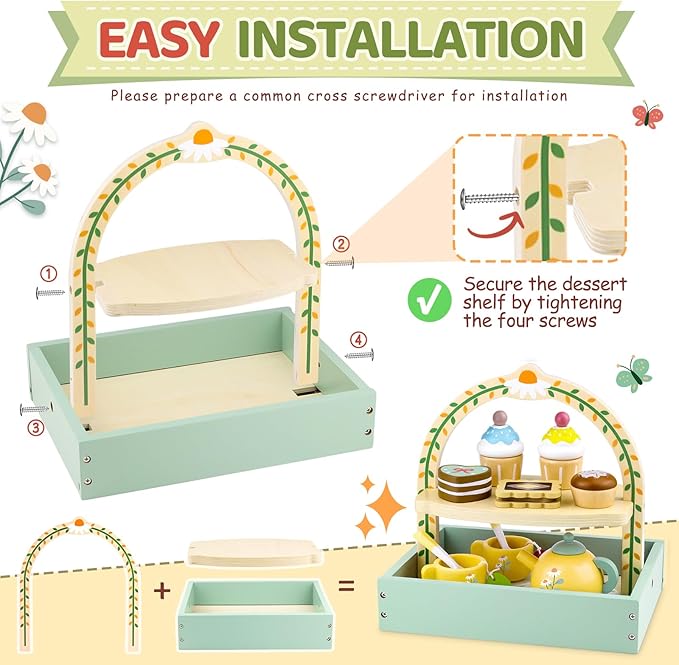 Wooden Tea Sets for Little Girls 1-3 Play Food Cake Toys Toddlers 3-5 Kitchen Accessories Pretend Play Princess Playset for 2 3 4 5 6 Year Old Girl Boy Party Birthday Gift