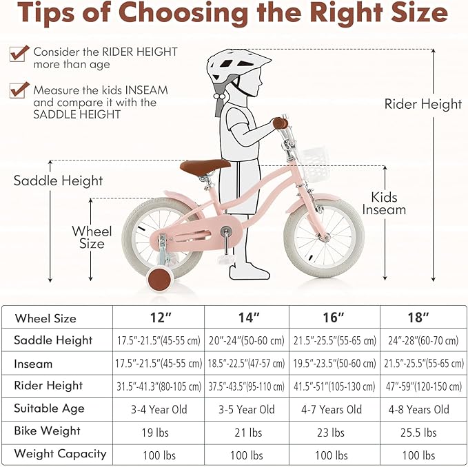 COSTWAY Kids Bike, 12 14 16 18 Inch Toddler Bike Children Bicycle w/Training Wheels, Hand & Coaster Brakes, Adjustable Saddle & Handlebar, Basket, Bell, Kids Bicycle for Girls Boys Aged 3-8 Years Old