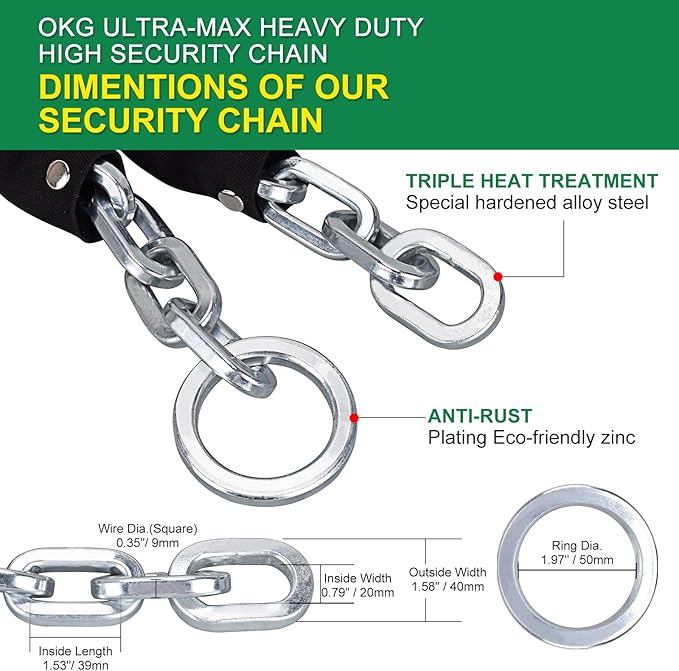 OKG Extra Long Security Chain - 10-Foot x 3/8" Thick Heavy Duty, Eco-Zinc Plated - Uncuttable for Outdoor & Indoor Use - Bike & Motorcycle Lock Chain - For Two+ 2-Wheeled Vehicles